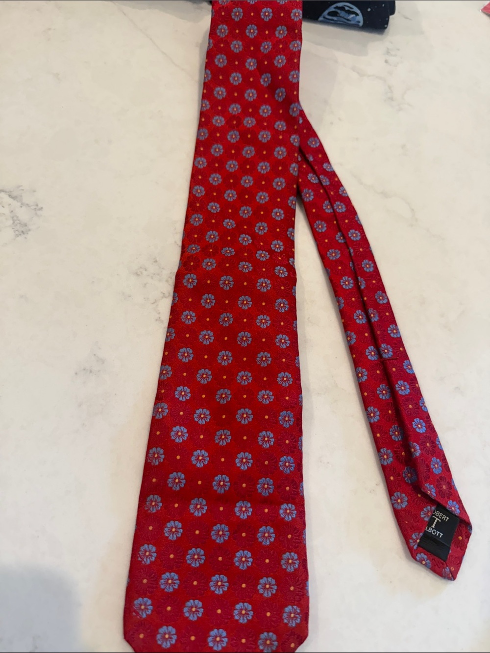 Robert Talbott Red Silk Tie with Blue Floral Medallions
